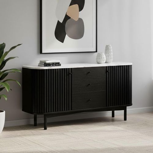 Soho Black 2 Door Slatted Medium Sideboard with White Marble Top - 140cm