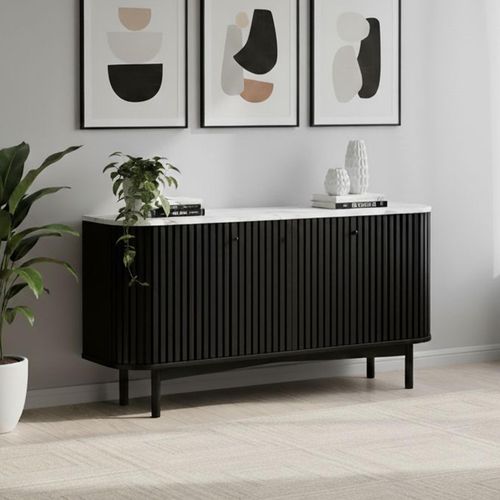 Soho Black 4 Door Slatted Large Sideboard with White Marble Top - 162cm