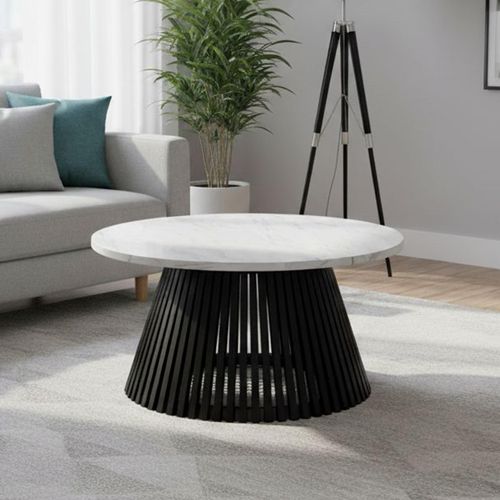 Soho Black Slatted Round Coffee Table - White Marble Top