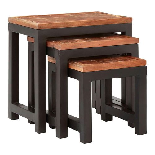 Artisan Brown Acacia Wood Nest of 3 Tables with Metal Base