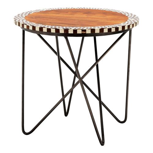 Artisan Brown Acacia Wood Round Side Table with Metal Hairpin Legs