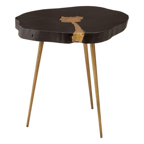 Asamra Black Acacia Wood Log Side Table with Gold Legs