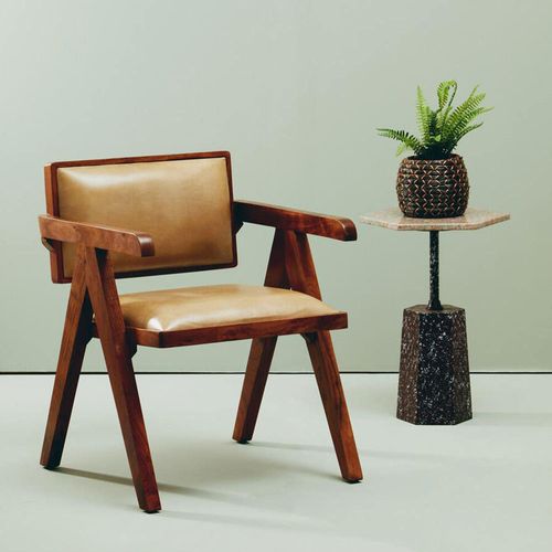 Buffalo Beige Leather and Wood Armchair