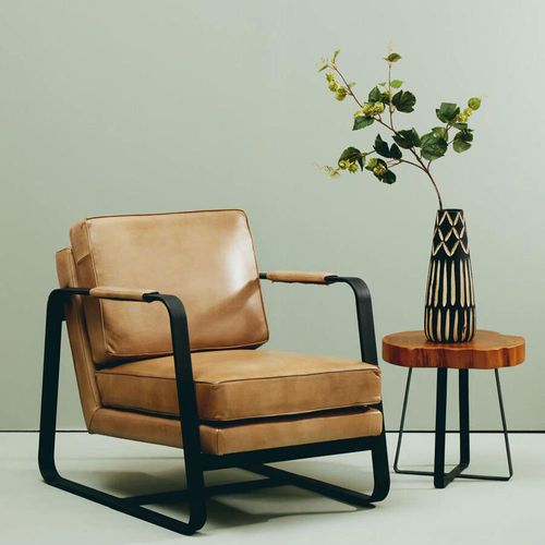 Buffalo Grey Leather and Black Metal Armchair