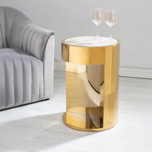 Carlox White Marble Effect and Gold Metal Round Small Side Table