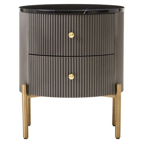 Dervio Grey Fluted 2 Drawer Round Bedside Cabinet with Black Marble Top