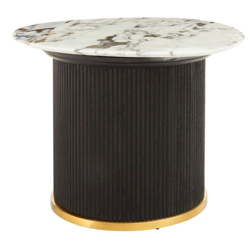 Doha White Marble Round Side Table with Black Fluted Base