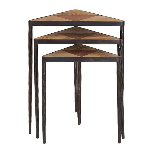 Elmo Textured Elm Wood and Metal Triangular Nest of 3 Tables