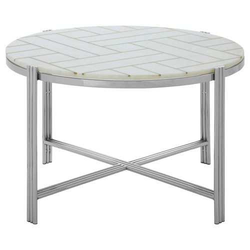 Eva White Marble and Silver Metal Round Coffee Table