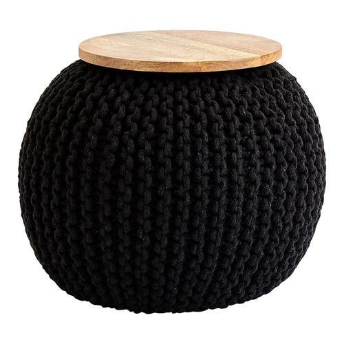 Fusion Mango Wood and Black Woven Round Pouffe