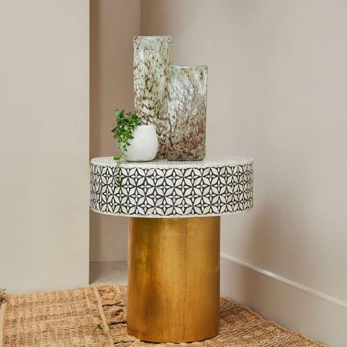 Fusion White Bone Inlay Round Side Table with Gold Base
