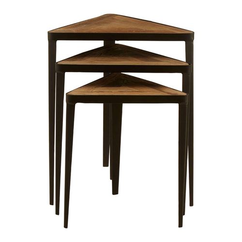 Elmo Elm Wood and Metal Triangular Nest of 3 Tables