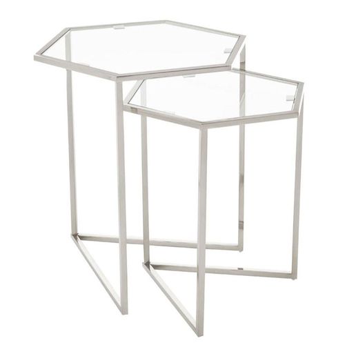 Herber Clear Glass and Silver Metal Hexagonal Nest of 2 Tables