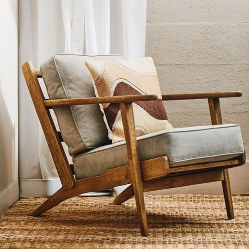 Hector Beige Fabric and American Oak Armchair