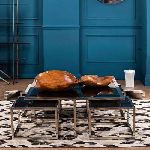 Horizon Black Glass and Silver Metal Square Coffee Table Set