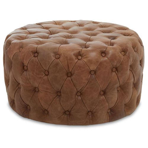 Hoxton Vintage Brown Tufted Leather Round Ottoman Stool