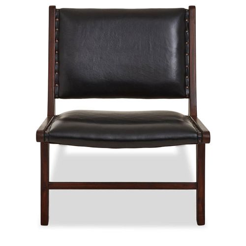 Inca Black Cow Leather and Teak Wood Lounge Chair