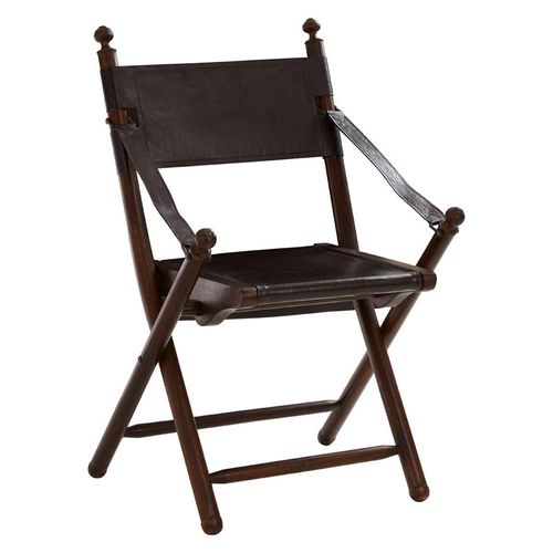 Inca Black Leather and Teak Wood Folding Chair