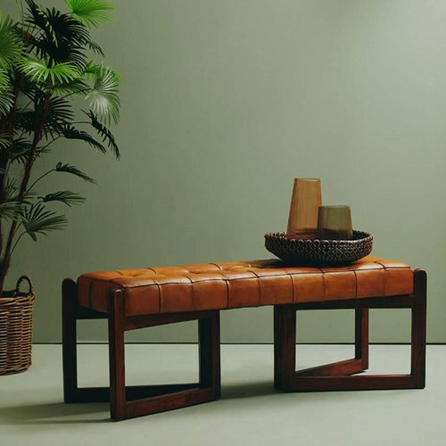 Inca Brown Leather and Teak Wood Bench with Wooden Base