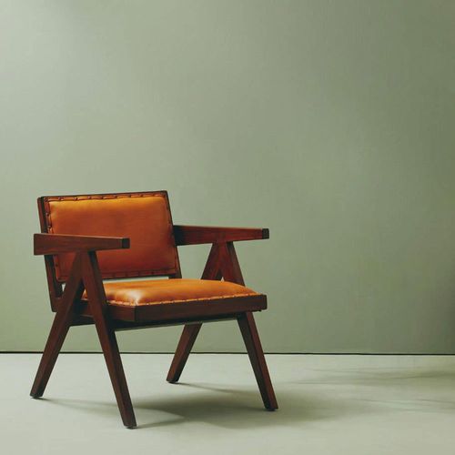 Inca Brown Leather and Teak Wood Large Angular Chair