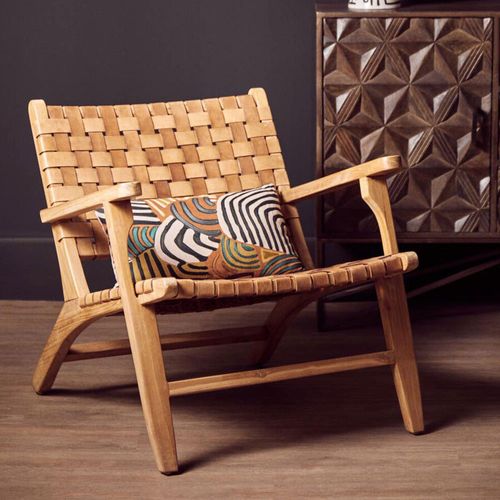 Inca Brown Leather and Teak Wood Lounge Chair