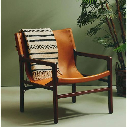Inca Brown Leather and Teak Wood Sling Chair