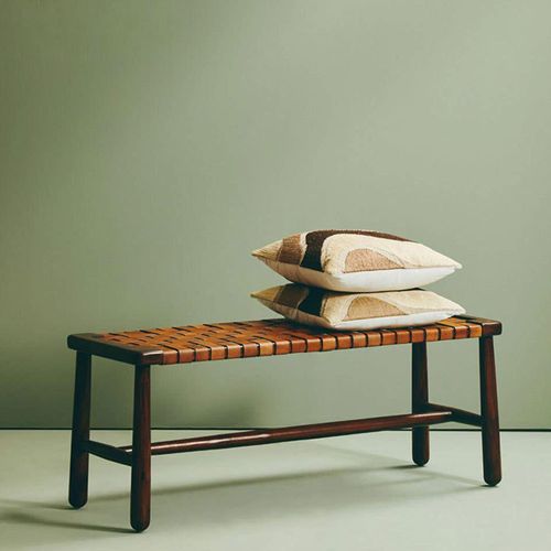 Inca  Brown Leather and Teak Wood Strapped Bench