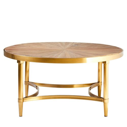 Jana Wood and Gold Metal Round Coffee Table with Curved Frame