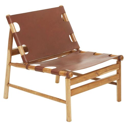 Kendari Antique Brown Leather and Teak Wood Lounge Chair