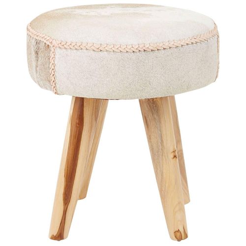 Kendari Beige Leather and Teak Wood Round Footstool