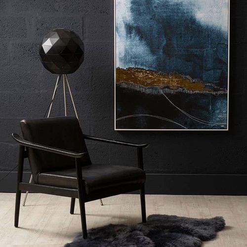 Kendari Black Leather and Teak Wood Lounge Chair