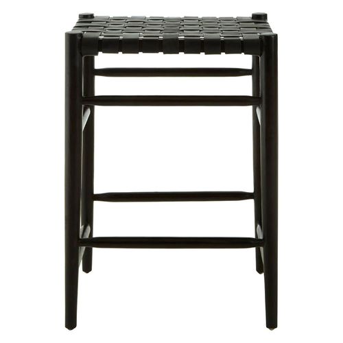 Kendari Black Leather and Teak Wood Barstool