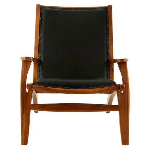 Kendari Black Leather and Teak Wood Lounge Chair