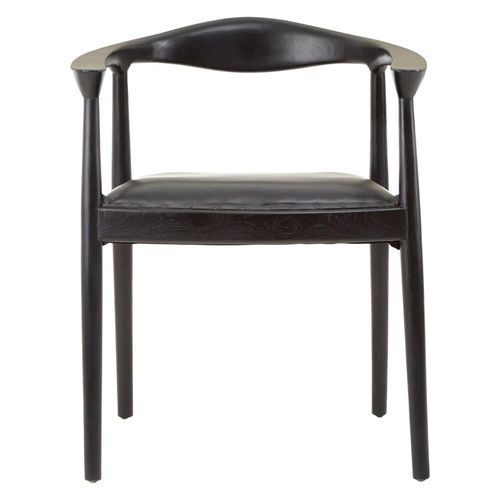 Kendari Black Leather and Teak Wood Curved Back Armchair