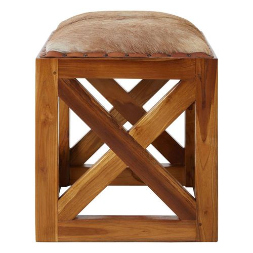 Kendari Brown Goat Leather and Teak Wood Square Footstool