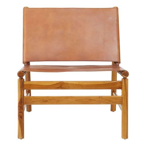 Kendari Brown Leather and Teak Wood Chair with Backrest