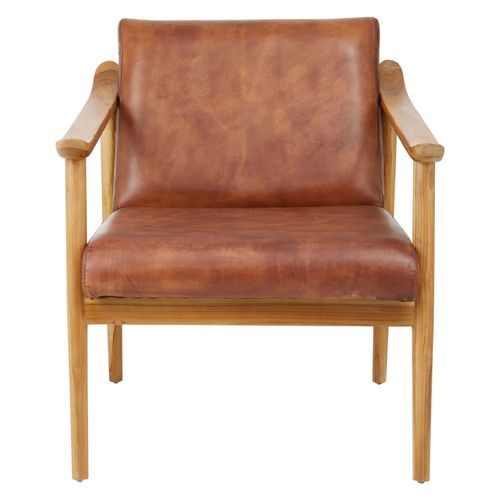 Kendari Brown Leather and Teak Wood Lounge Chair