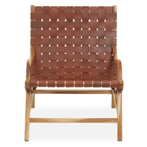 Kendari Brown Leather and Teak Wood Armchair