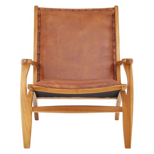 Kendari Brown Leather and Teak Wood Lounge Chair