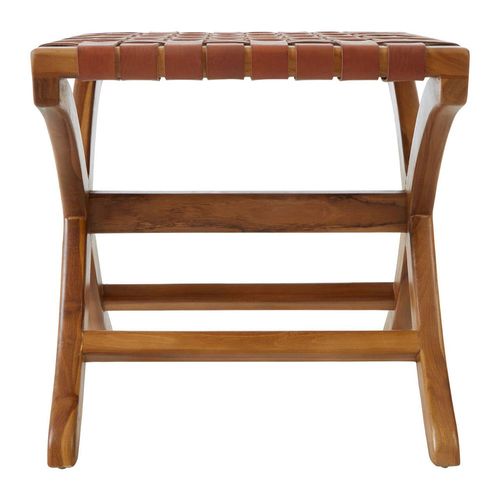 Kendari Brown Leather and Teak Wood Square Stool