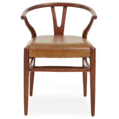 Kendari Camel Leather and Teak Wood Curved Chair