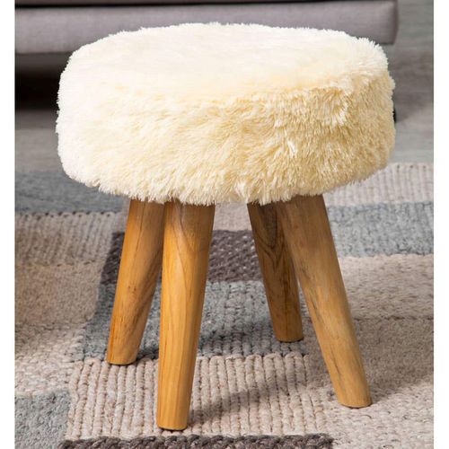 Kendari Cream Faux Fur and Teak Wood Round Footstool