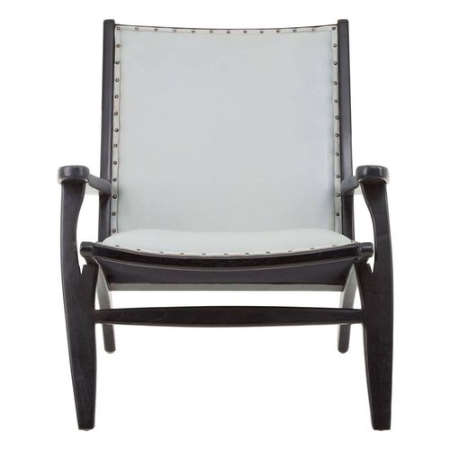 Kendari Grey Leather and Teak Wood Lounge Chair