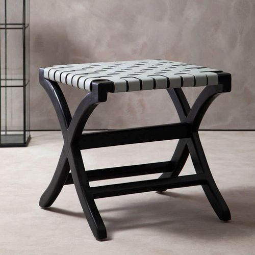 Kendari Grey Leather and Teak Wood Square Stool