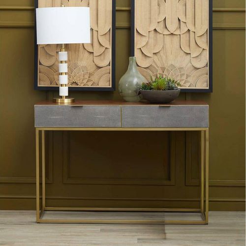Kempton Grey Faux Shagreen and Gold Metal 2 Drawer Console Table