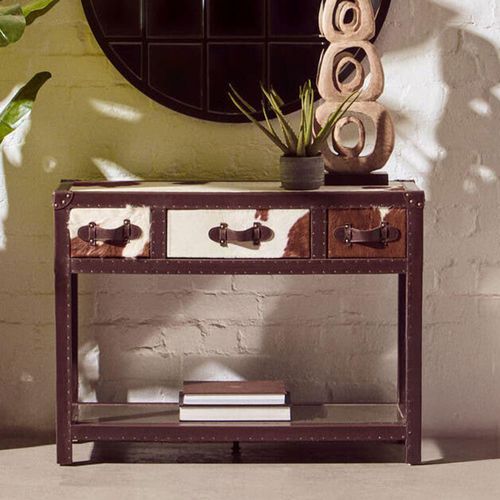 Kensington Townhouse Brown and White Cow Leather 3 Drawer Console Table with Shelf