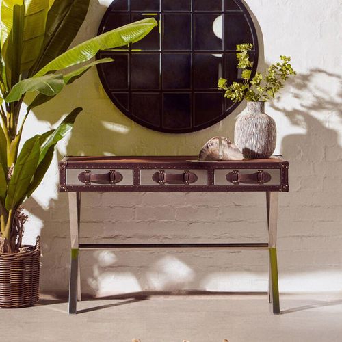 Kensington Townhouse Brown and White Cow Leather 3 Drawer Console Table