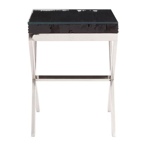 Kerala Black Glass and Silver Metal Square Side Table with Cross Base