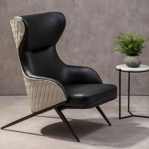 Kiev Black Fabric and Beige Faux Leather Wing Back Armchair