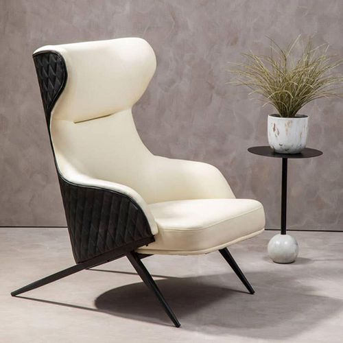 Kiev Ivory Fabric and Black Faux Leather Wing Back Armchair